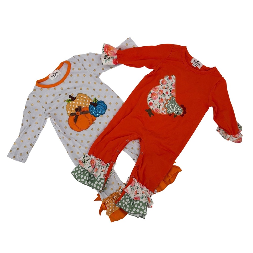 Marie Nicole Clothing Girls Orange Chicken Ruffle Romper‎ Fall Halloween 18-24M
